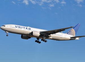A United Airlines plane flying after takoff