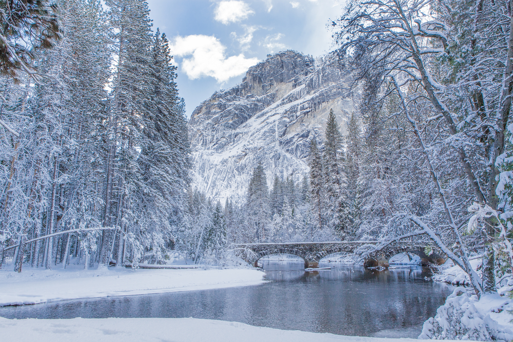 Yosemite National Park covered in snow during winter