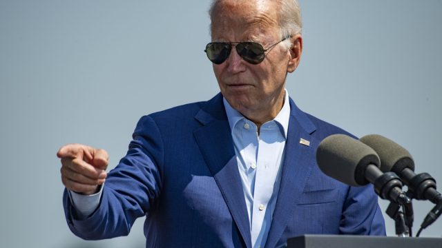 US President Joe Biden addresses the crowd and gathered media at the closed Brayton Point Power Station in Somerset, Massachusetts, United States on July 20, 2022. Biden spoke about climate change and declared he would use his powers soon to tackle climate change. The closed station will soon be used in a wind power project.