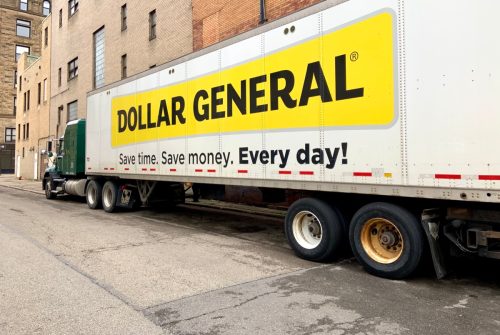 Dollar General truck with merchandise parked near city of Pittsburgh store