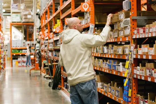 Um homem compra suprimentos elétricos em uma loja local de artigos para o lar Home Depot em Snohomish, Washington.