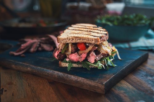 Steak Sandwich with Roasted Bell Pepper and Arugula