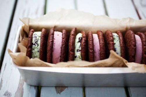 Homemade strawberry and mint ice cream sandwiches