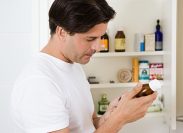 man looking at bottle from medicine cabinet