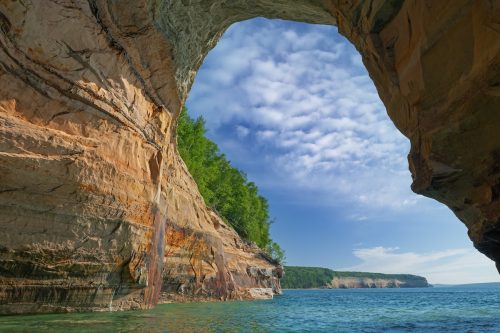 A rock sea cave in Michigan's Lake Superior.