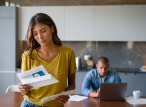 woman at home looking worried getting bills in the mail - domestic life concepts