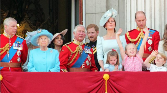 Queen Elizabeth, Meghan Markle, Prince Charles, Prince Harry, Prince Andrew, Prince William, and Kate Middleton