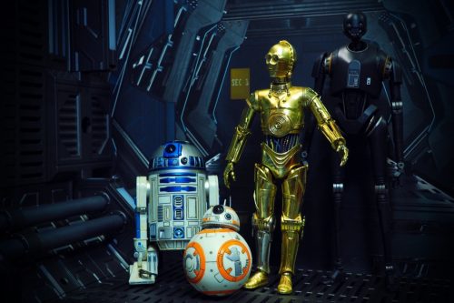 The famous robot characters R2D2, BB8, C3PO, and K-2SO from Star Wars film series