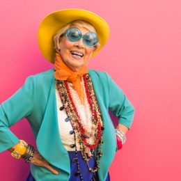eccentric woman in bright clothing