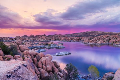 A purple-colored sunset at Watson Lake in Prescott Arizona