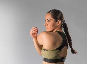A Soldier wears a sports bra that served as an early mock-up sample for conceptualization of the ATB being developed by DEVCOM Soldier Center’s Design Pattern Prototype Team