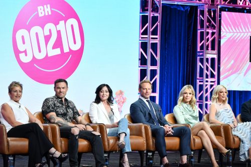 The cast of "BH90210" on stage during the 2019 Fox Summer TCA Press Tour