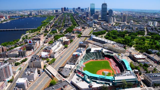 The Boston skyline with Fenway Park in the foreground