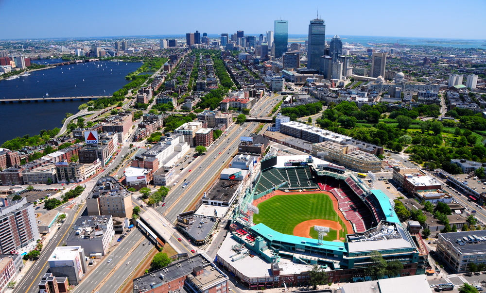 The Boston skyline with Fenway Park in the foreground