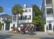 Historic white houses in Charleston, South Carolina with a horse carriage tour passing by.