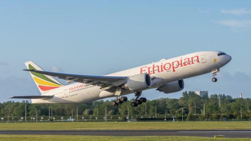 Ethiopian, Boeing 777, taking off from Dublin airport.