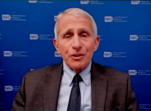 Dr. Anthony Fauci appearing on a webcam interview with the Grio