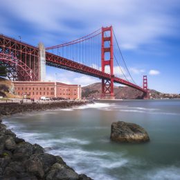 A view of Fort Point National Historical Park beneath the Golden Gate Bridge