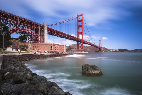 A view of Fort Point National Historical Park beneath the Golden Gate Bridge