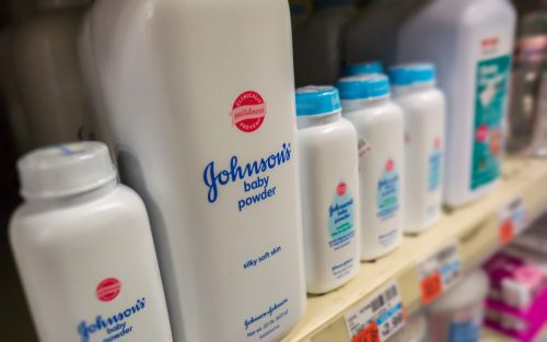 A container of Johnson & Johnson brand Johnson' s Baby Powder in a drugstore in New York