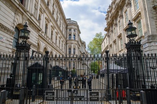 Downing Street, where the office of British Prime Minister is located, in London, United Kingdom