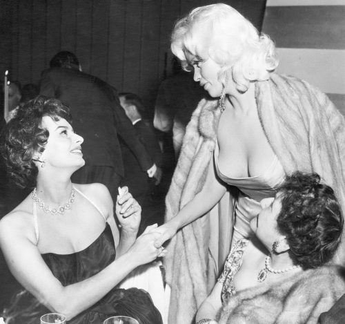 Sophia Loren and Jayne Mansfield at Loren's Paramount party in 1957