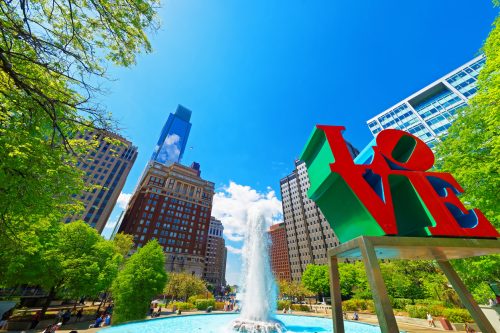 A picture of the Love sculpture in Love Park in Philadelphia