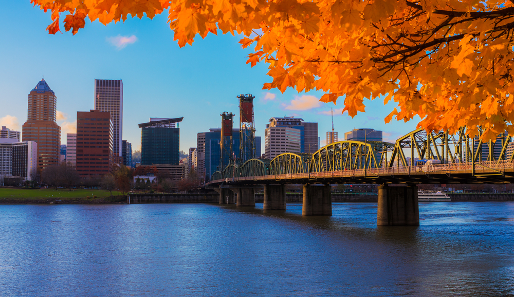 A view of Portland, Oregon with fall foliage in the foreground