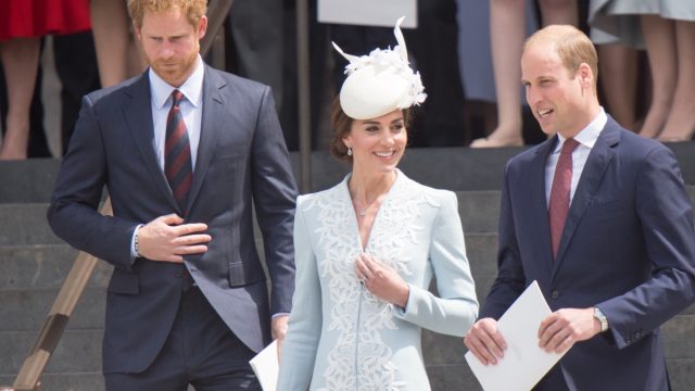 Princess Kate Middleton, Prince William and Harry are seen on the steps of St Pauls catherdral.