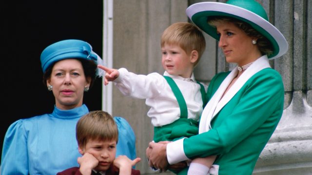 Diana, Princess Of Wales, Holding A Young Prince Harry In Her Arms As She Watches Trooping The Colour With Prince William And Princess Margaret From The Balcony Of Buckingham Palace.