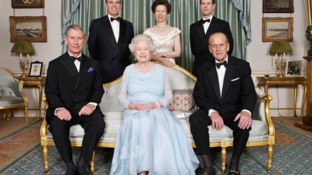 Britain's Queen Elizabeth II (Centre Foreground) and Prince Philip (Right Foreground) are joined at Clarence House in London by Prince Charles, (Left Foreground) Prince Edward, (Right Background) Princess Anne (Centre Background) and Prince Andrew (Left Background) on the occasion of a dinner hosted by HRH The Prince of Wales and HRH The Duchess of Cornwall