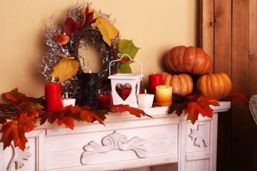autumn decor and pumpkins on mantle