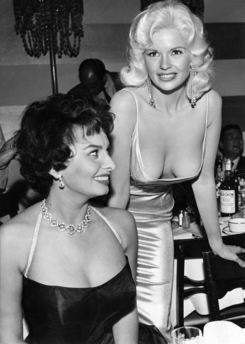 Sophia Loren and Jayne Mansfield at Loren's Paramount party in 1957