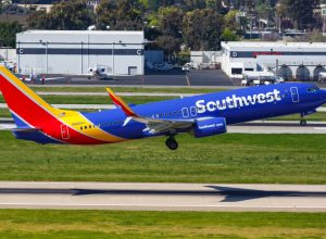 A Southwest Airlines plane taking off from the runway at an airport