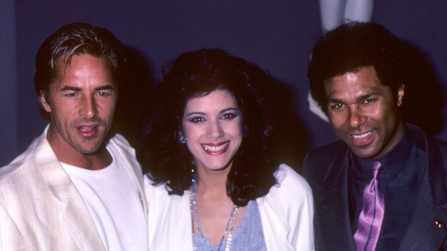 Don Johnson Saundra Santiago and Philip Michael Thomas in 1985