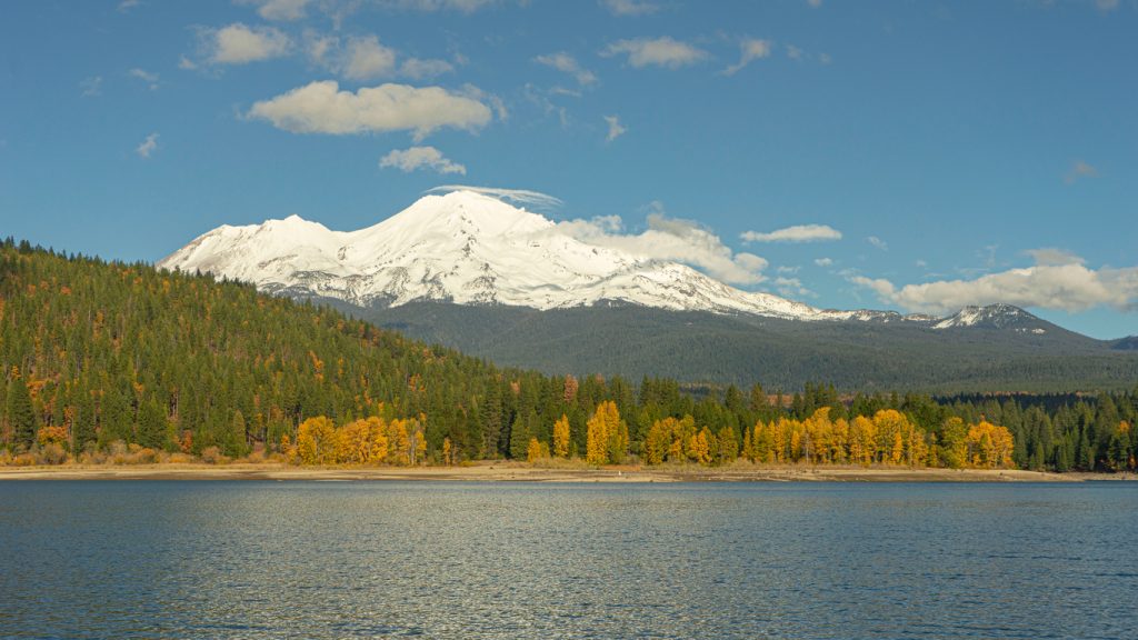 Mt. Shasta over looking a low Lake Siskiyou