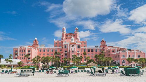 The bubblegum pink Don Cesar Hotel on the beach in St. Petersburg, Florida.