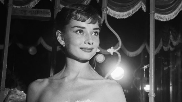 Audrey Hepburn at the movie benefit premiere of "Roman Holiday" in 1953