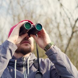 A man using binoculars while bird watching
