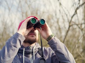 A man using binoculars while bird watching