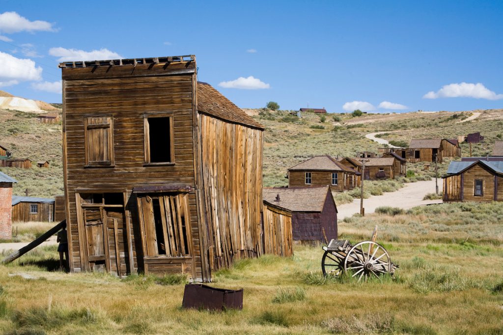 The abandoned wooden buildings of ghost town Bodie, California.