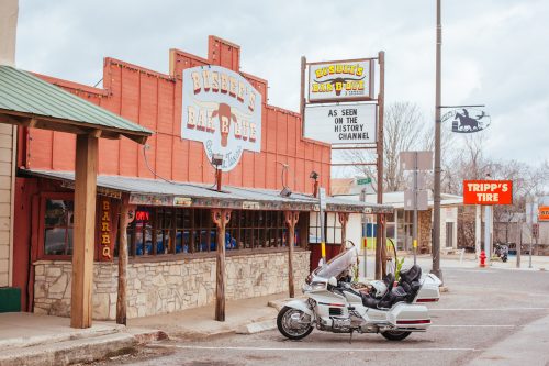 The historic storefront of Busbee's Barbque in the old western town of Bandera, Texas.