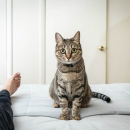 A brown tabby cat sits on a bed between two pairs of feet.