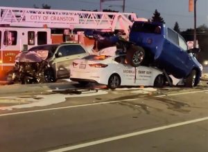 Video Shows Aftermath of Truck Landing on Another Car After Crash
