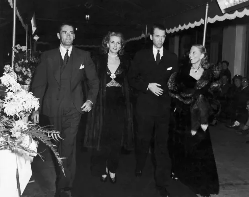 Henry Fonda, Anita Colby, Jimmy Stewart, and Frances Fonda at the premiere of "Spellbound" in 1945