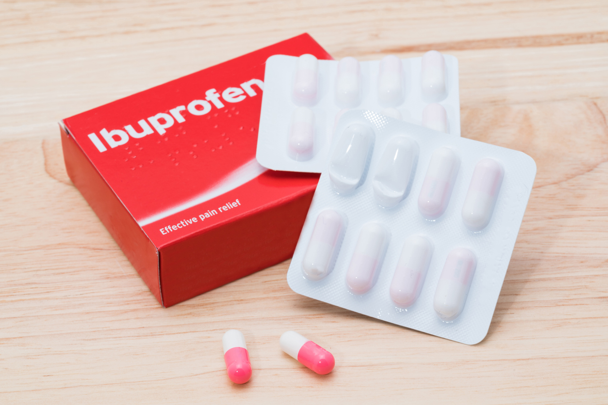 Retail pack of Ibuprofen capsules.