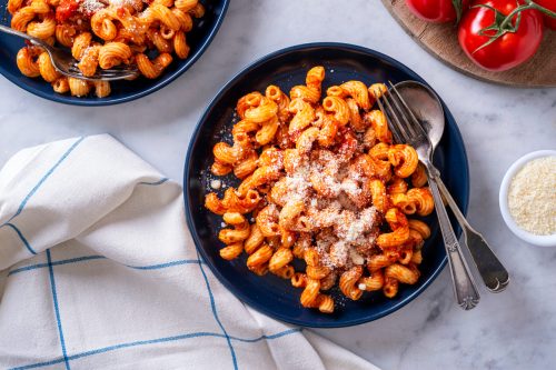 Delicious cavatappi pasta with tomato sauce and parmesan cheese.