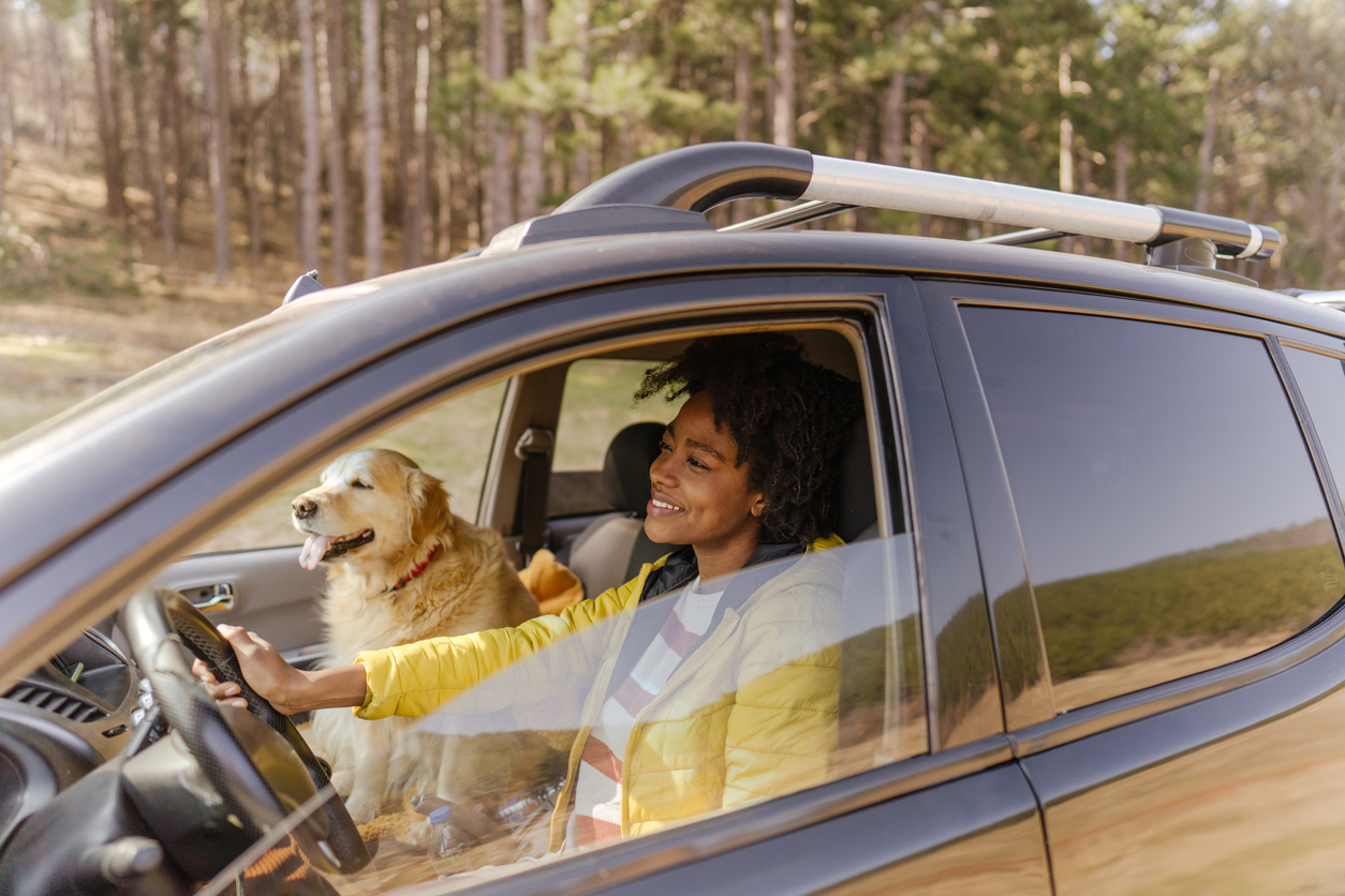 young black woman driving around with her dog