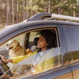 young black woman driving around with her dog