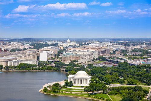 Aerial view of Washington DC with Thomas Jefferson Memorial Building